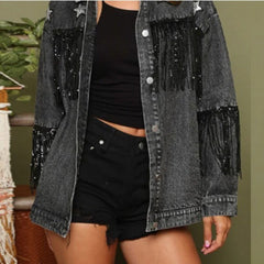 Women's Short Multi color Denim Coat Star Sequins Tassel Jacket Black