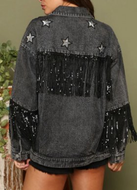 Women's Short Multi color Denim Coat Star Sequins Tassel Jacket Blue