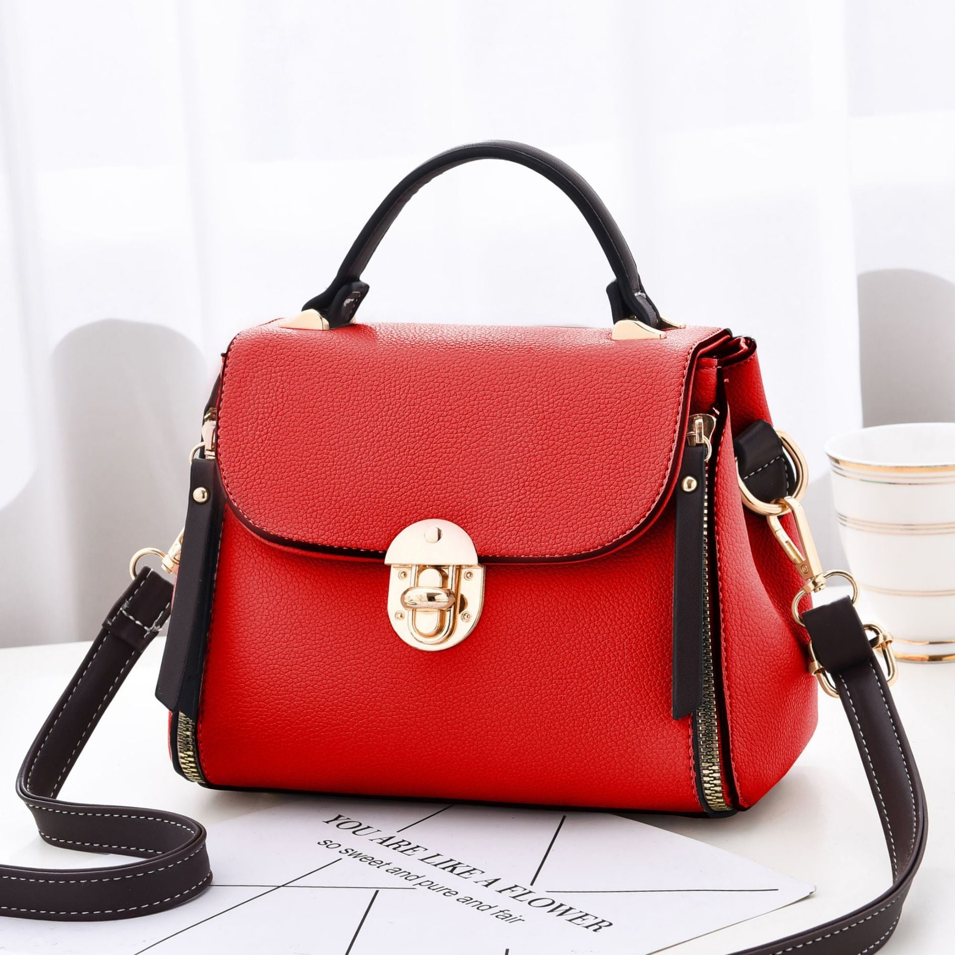 Women's Shoulder Bag European And American Fashion Lychee Pattern Portable Red