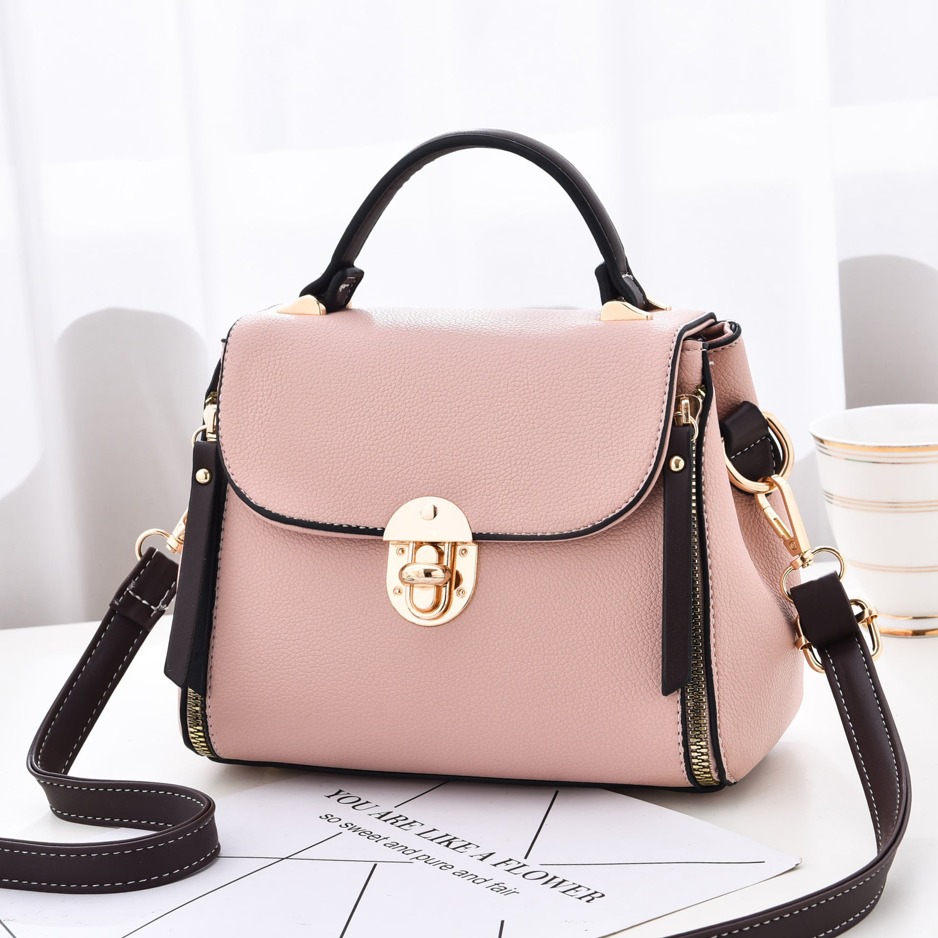 Women's Shoulder Bag European And American Fashion Lychee Pattern Portable Pink