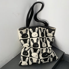 Women's Shoulder Bag with Cute Rabbit Design - Large Capacity Black And White