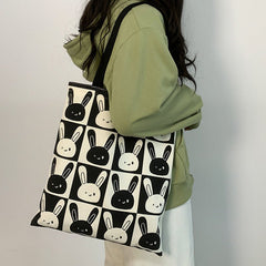 Women's Shoulder Bag with Cute Rabbit Design - Large Capacity Black And White