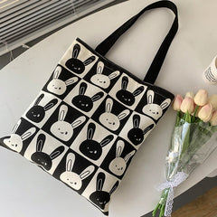 Women's Shoulder Bag with Cute Rabbit Design - Large Capacity Black And White