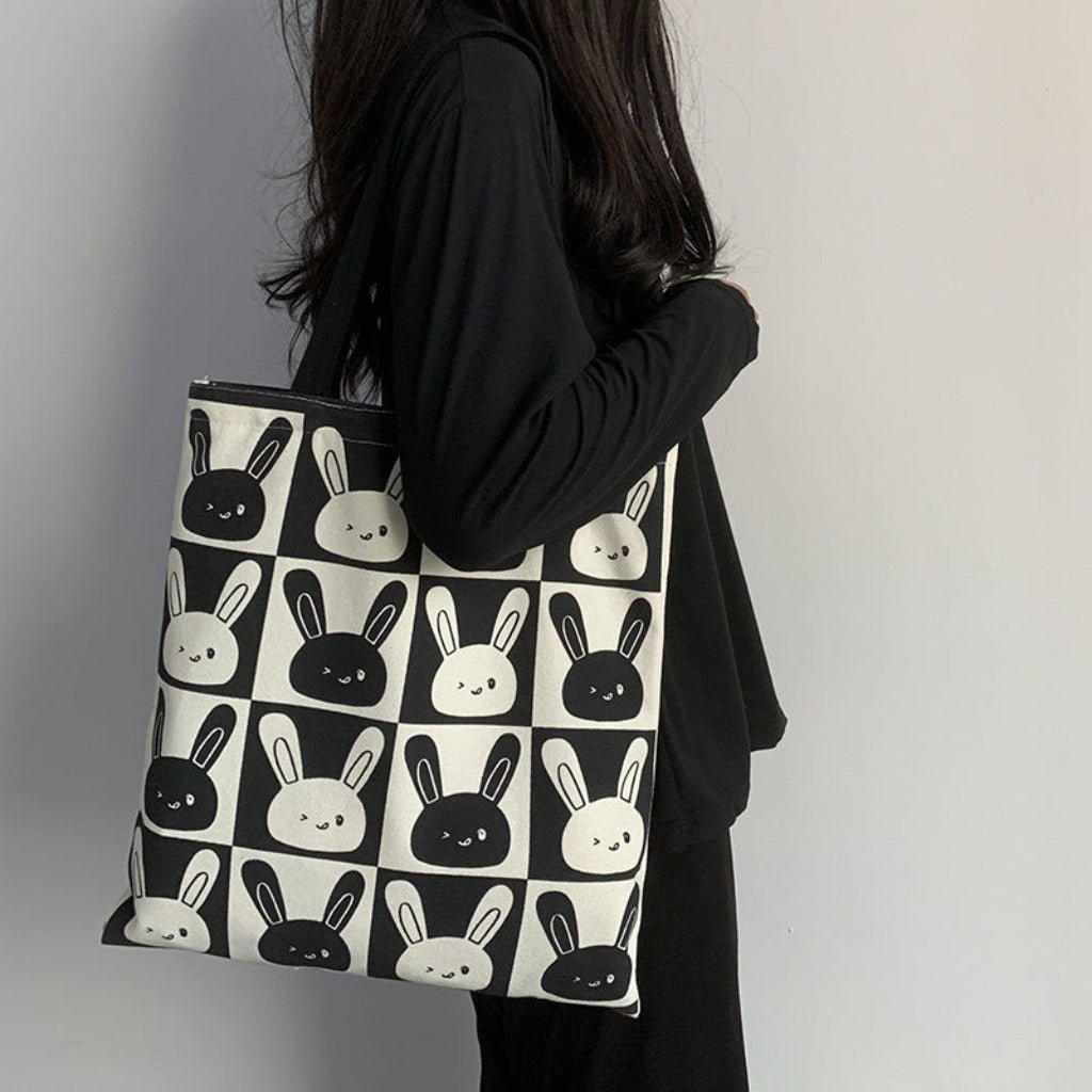 Women's Shoulder Bag with Cute Rabbit Design - Large Capacity Black And White