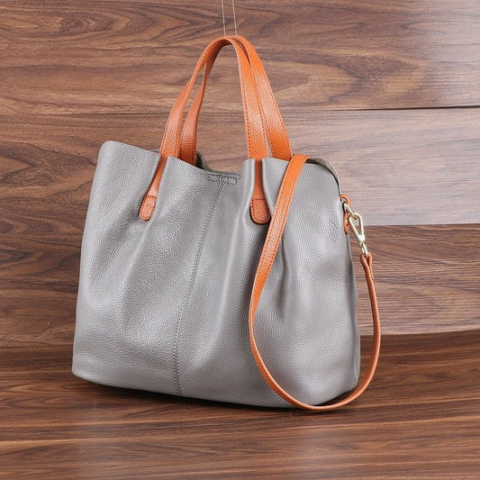 Womens Simple Casual Soft Leather Tote Bag Grey