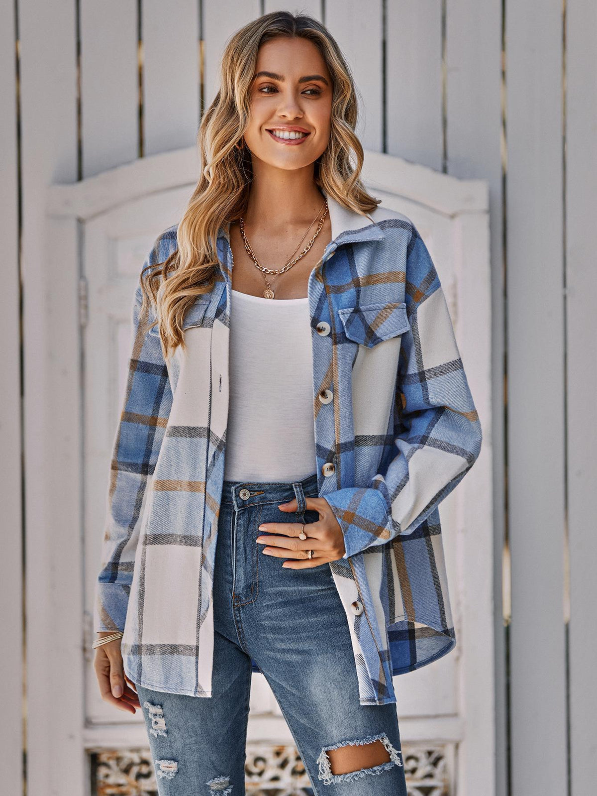 Women's Single - breasted Casual Long - line Plaid Women's Coat Blue