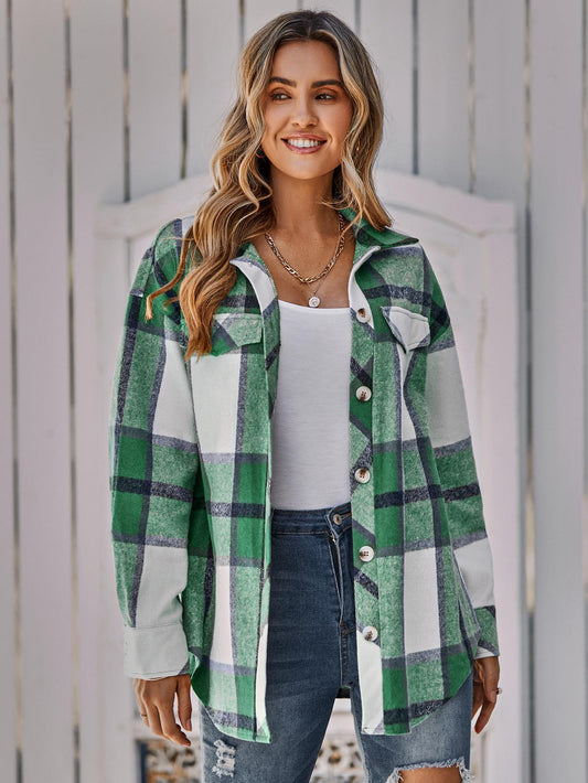 Women's Single - breasted Casual Long - line Plaid Women's Coat Green