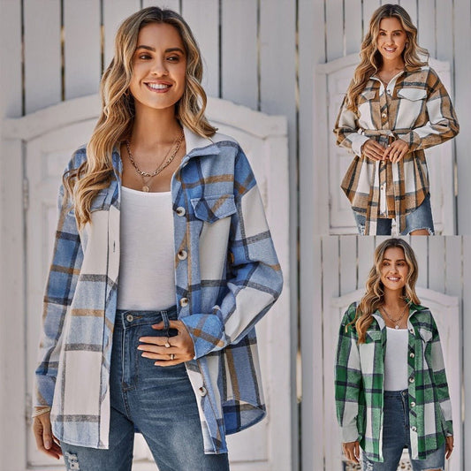 Women's Single - breasted Casual Long - line Plaid Women's Coat Blue