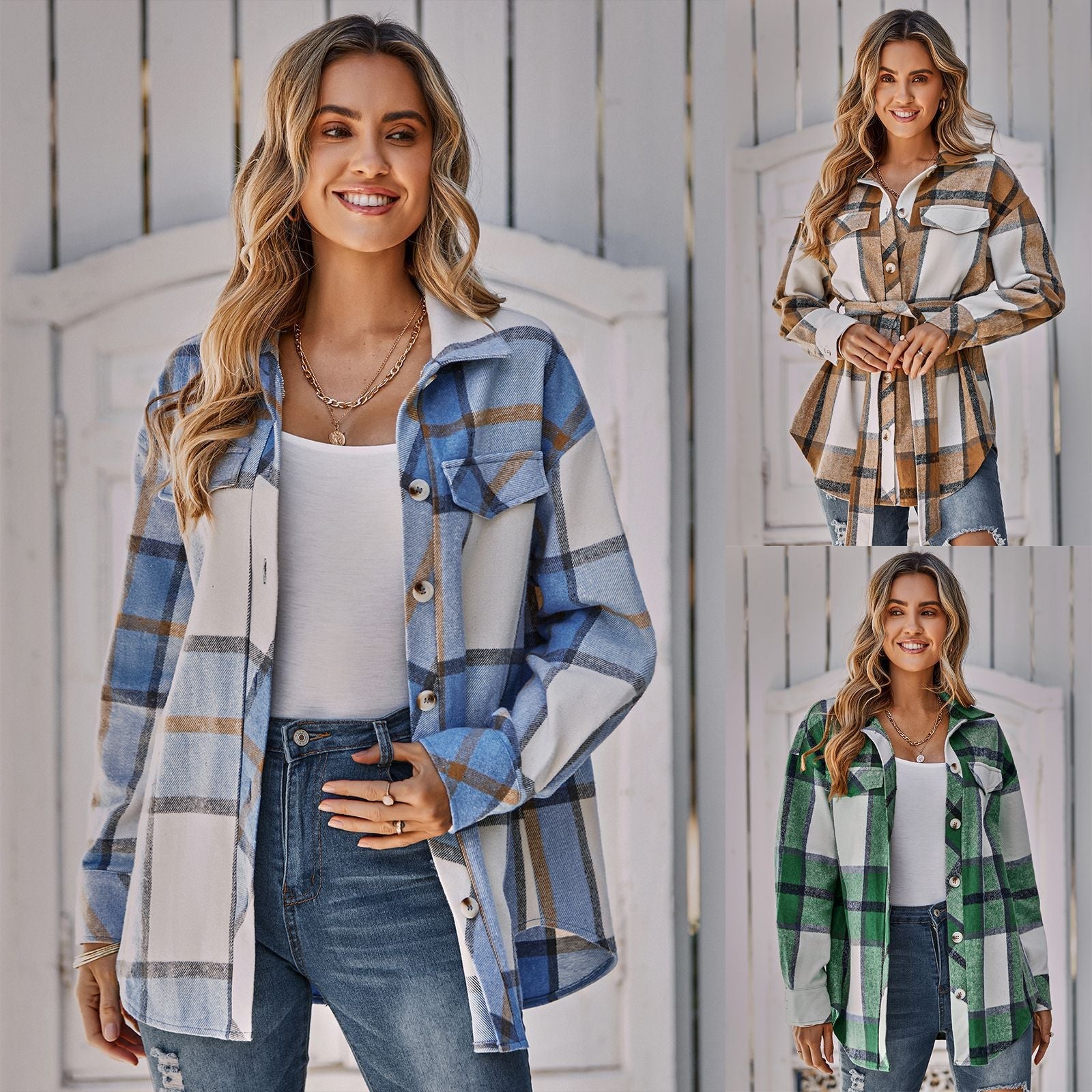 Women's Single - breasted Casual Long - line Plaid Women's Coat Green