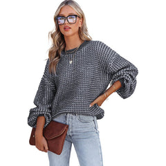 Women's Solid Color Round Neck Off - Shoulder Sweater Grey