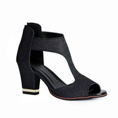 Women's Stylish Flats Designer Thin Back Zipper Hollow - out Sandal Black Denim