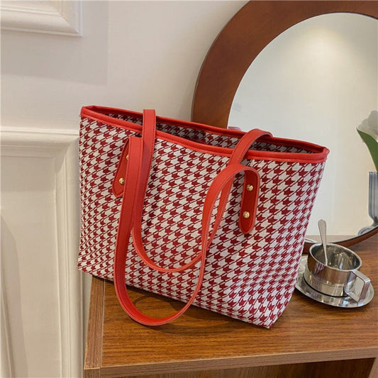 Women's Stylish Large Capacity Houndstooth Pattern Bag Red