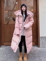 Women's Stylish Long Loose Over - the - Knee Warm Cotton - padded Jacket Pink