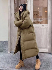 Women's Stylish Long Loose Over - the - Knee Warm Cotton - padded Jacket Khaki