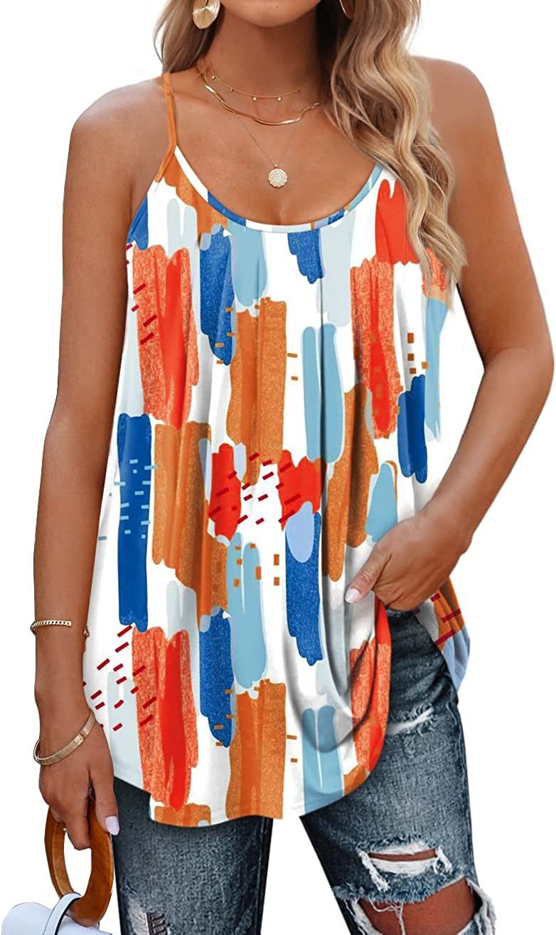 Women's Summer Pleated Spaghetti Strap Tank Top Colorful Flower