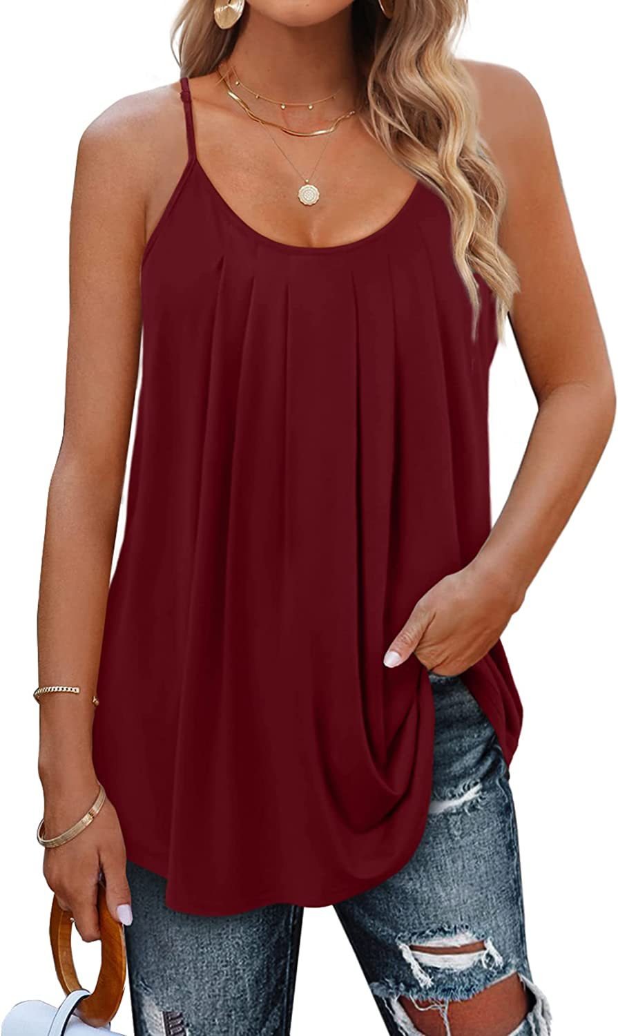 Women's Summer Pleated Spaghetti Strap Tank Top Dark Red