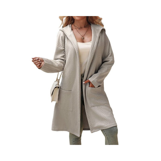 Women's Texture Loose Relaxed Fit Hooded Mid - length Trench Long Coat Apricot