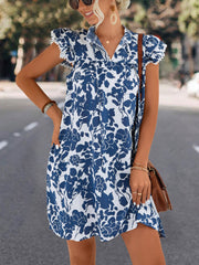 Women's V - neck Lace Up Ruffle Sleeve Printed Dress Blue