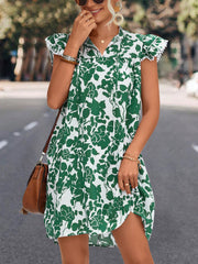 Women's V - neck Lace Up Ruffle Sleeve Printed Dress Green