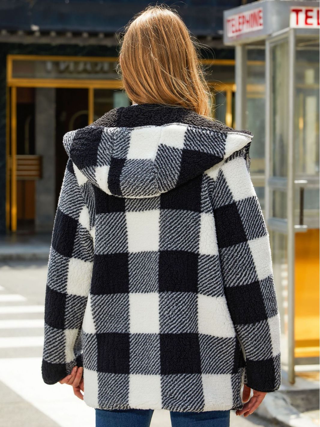 Women's Warm And Shacket Loose Long Flannel Buffalo Plaid Coat Black