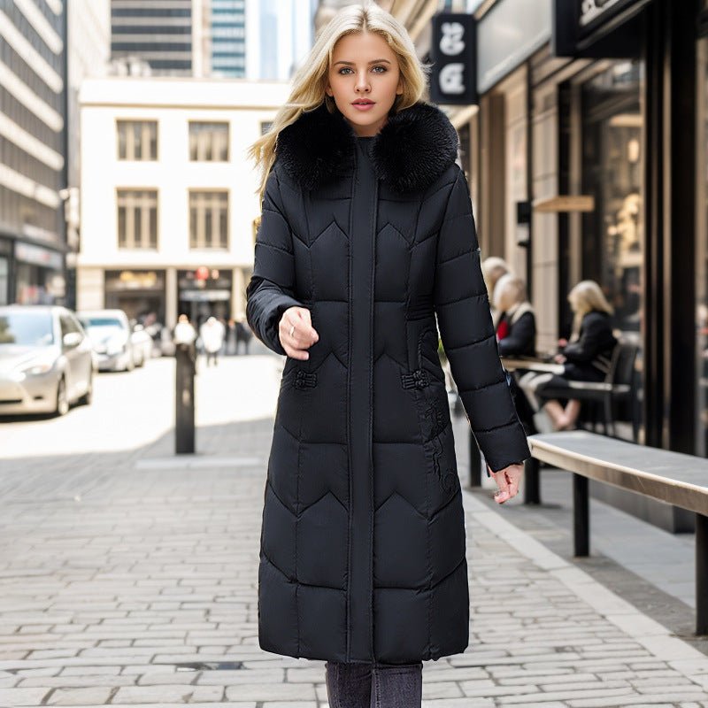 Women's Winter Long Coat Slim Fit Cotton Padded Jacket with Fur Trim Black