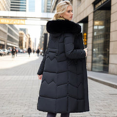 Women's Winter Long Coat Slim Fit Cotton Padded Jacket with Fur Trim Black