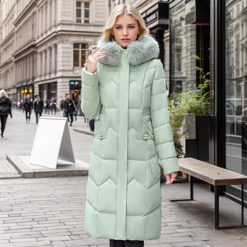 Women's Winter Long Coat Slim Fit Cotton Padded Jacket with Fur Trim Light Green