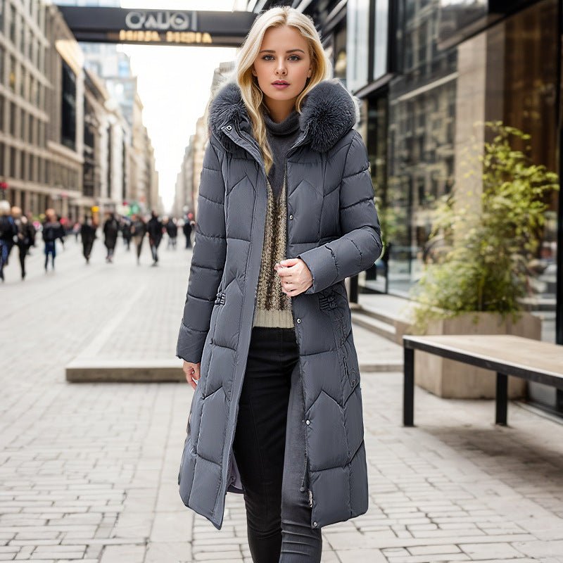 Women's Winter Long Coat Slim Fit Cotton Padded Jacket with Fur Trim Grey