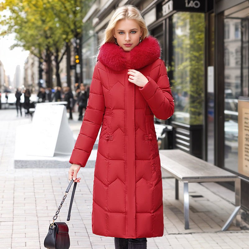 Women's Winter Long Coat Slim Fit Cotton Padded Jacket with Fur Trim Red