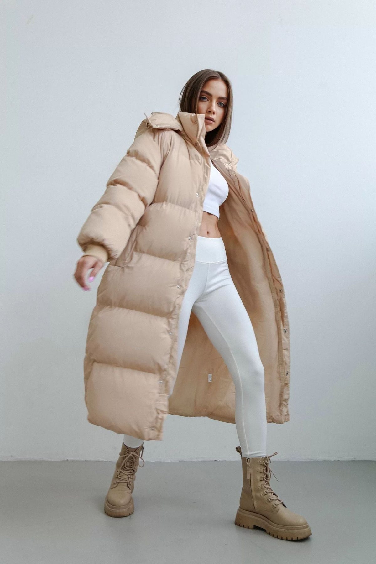 Women's Winter Oversize Long Loose Hooded Zipper Warm Padded Jacket Apricot