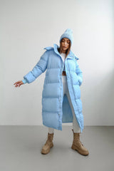 Women's Winter Oversize Long Loose Hooded Zipper Warm Padded Jacket Light blue