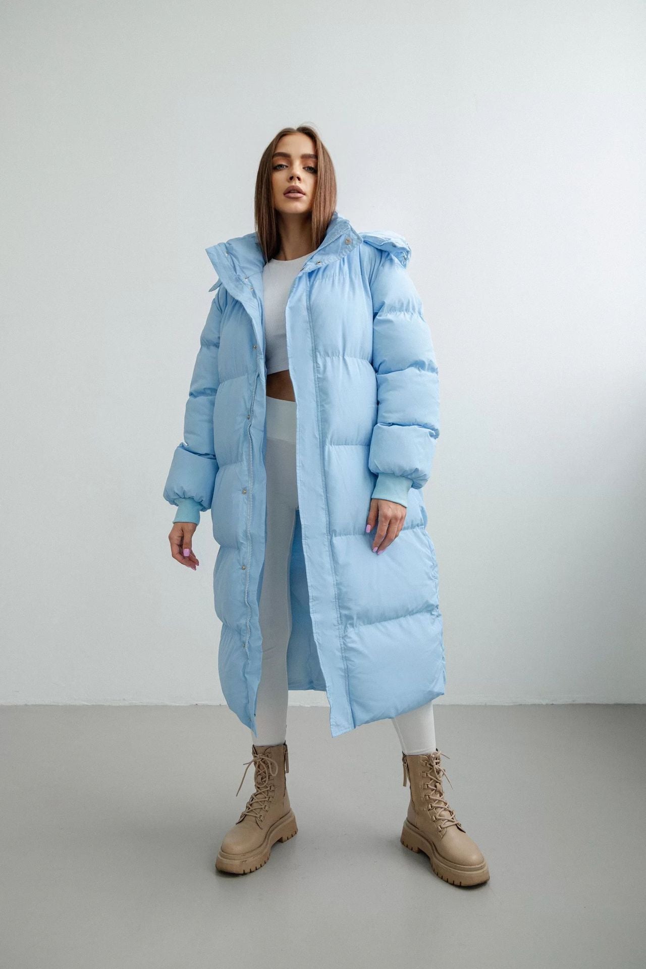 Women's Winter Oversize Long Loose Hooded Zipper Warm Padded Jacket Light blue