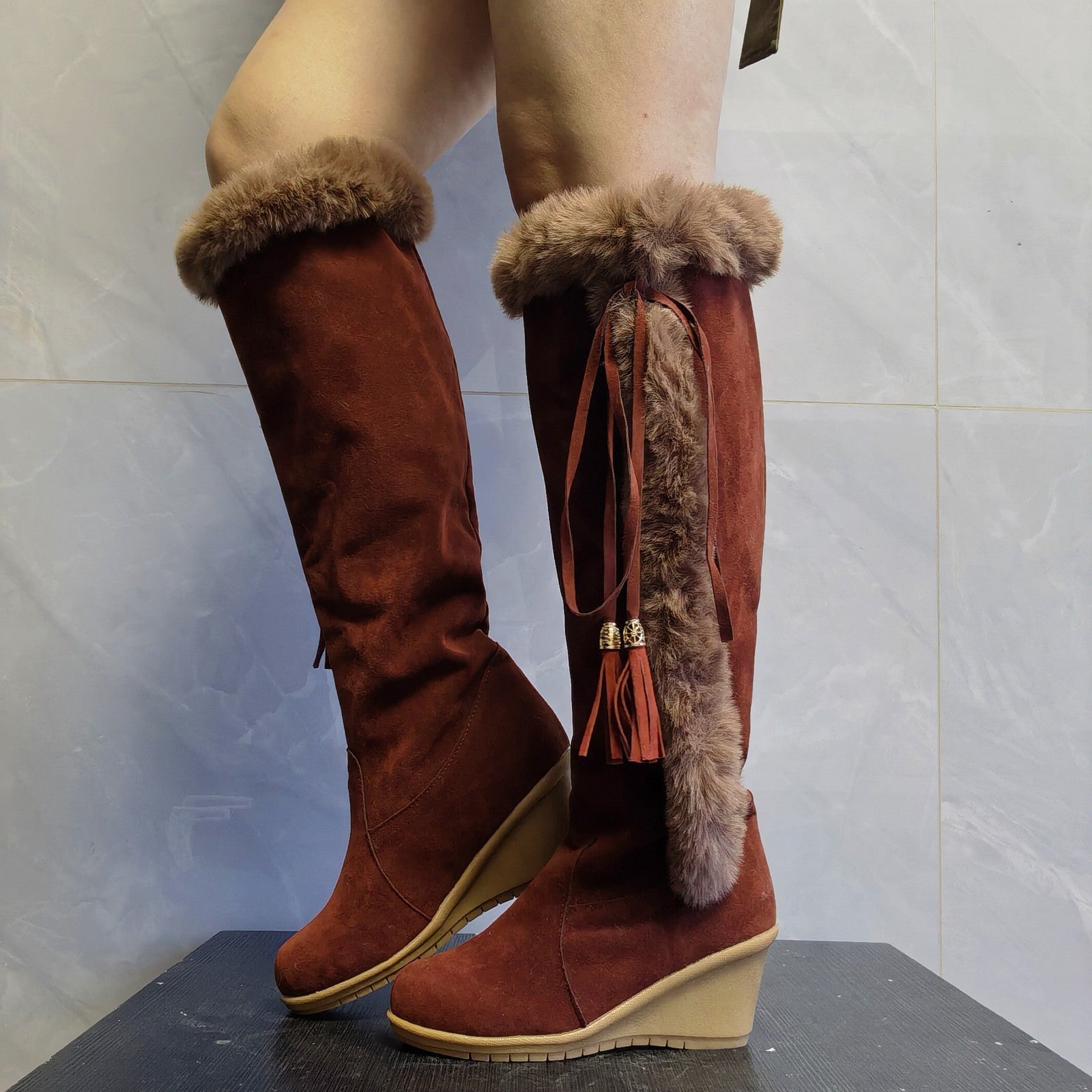 Women's Winter Plush Long Combat Boots with Wedge Sole Dark brown