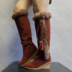 Women's Winter Plush Long Combat Boots with Wedge Sole Dark brown