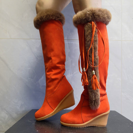 Women's Winter Plush Long Combat Boots with Wedge Sole Orange