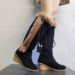 Women's Winter Plush Long Combat Boots with Wedge Sole Black