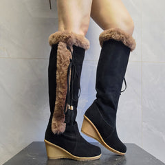 Women's Winter Plush Long Combat Boots with Wedge Sole Dark brown