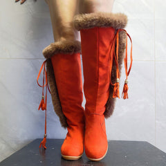 Women's Winter Plush Long Combat Boots with Wedge Sole Black