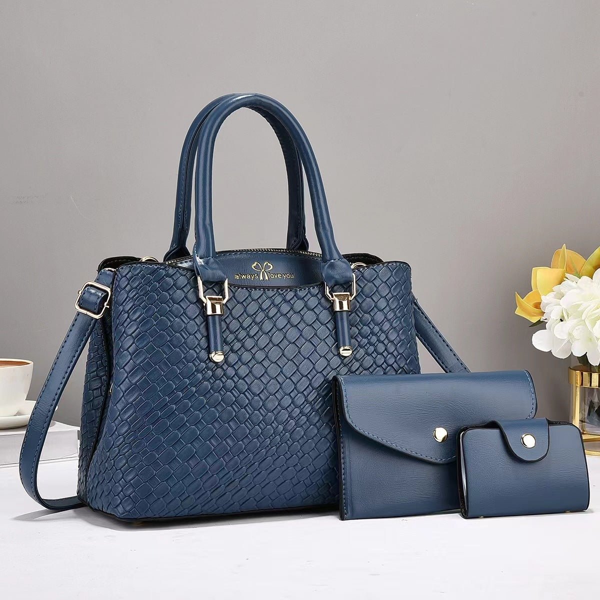 Woven Texture Clutch & Bag Set - Large Capacity Shoulder Bags Blue