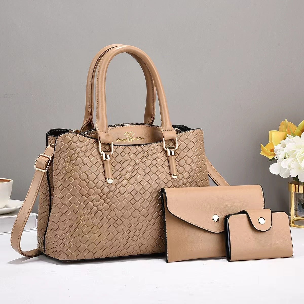 Woven Texture Clutch & Bag Set - Large Capacity Shoulder Bags Khaki