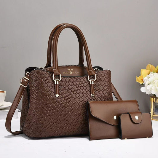 Woven Texture Clutch & Bag Set - Large Capacity Shoulder Bags Coffee