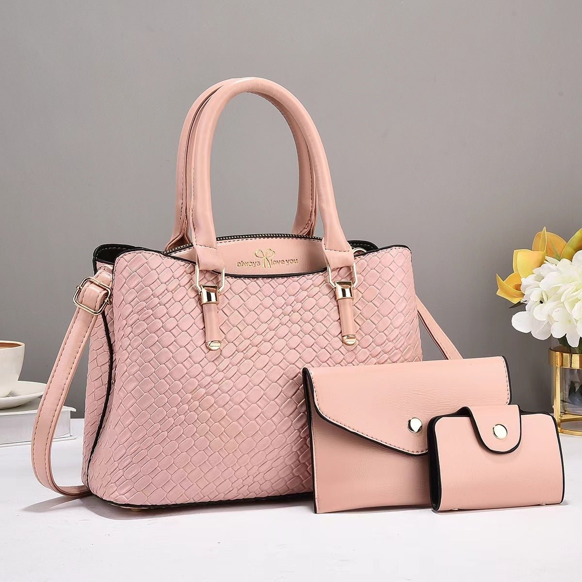 Woven Texture Clutch & Bag Set - Large Capacity Shoulder Bags Pink