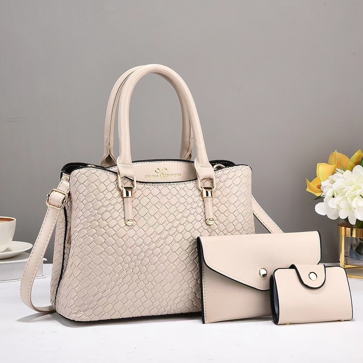 Woven Texture Clutch & Bag Set - Large Capacity Shoulder Bags White
