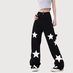 XINGX Towel Embroidery Straight - leg Denim Stylish Trousers Black