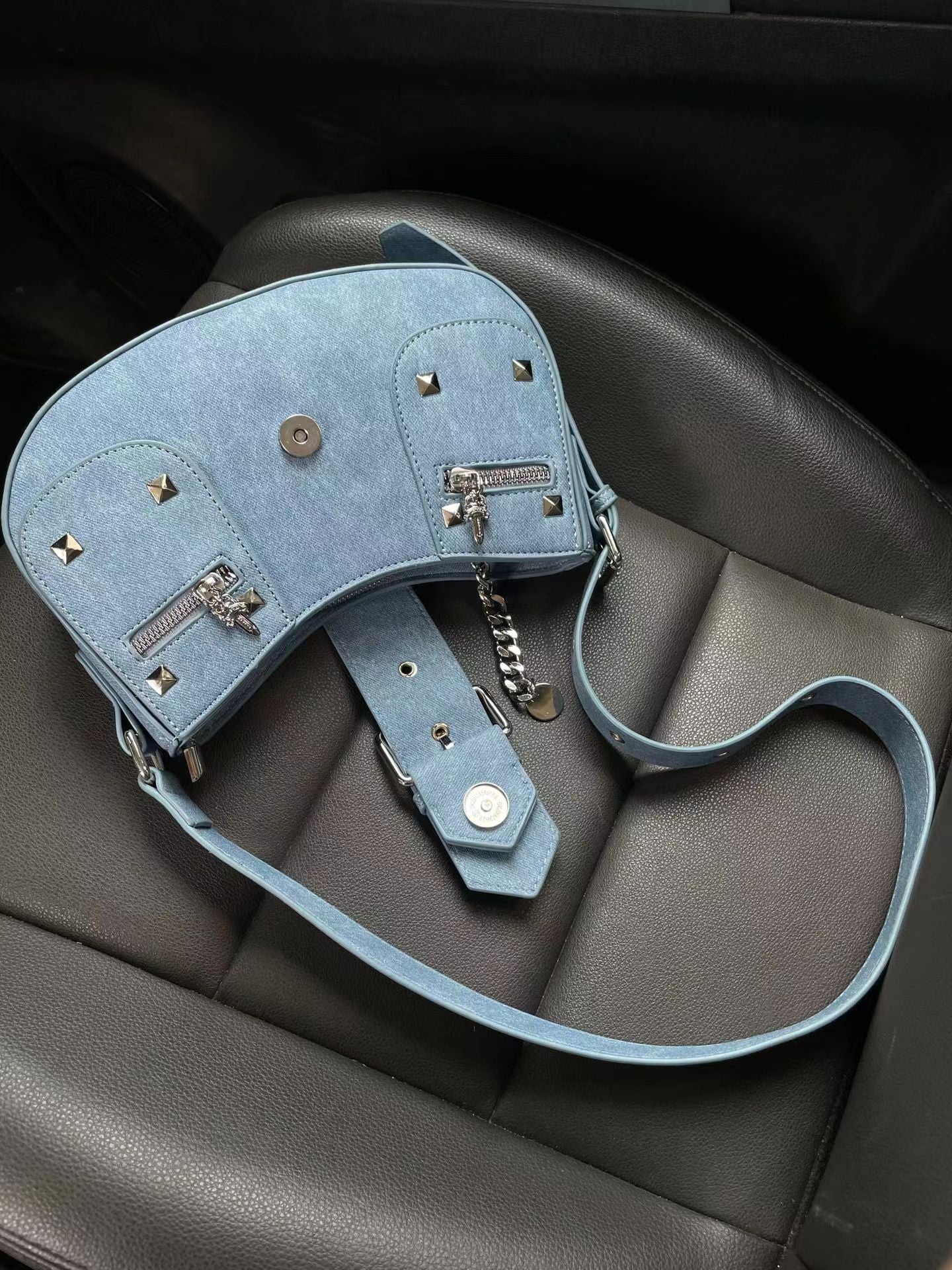 Y2G Punk Studded Shoulder Bag - Niche American Retro Style Denim Blue