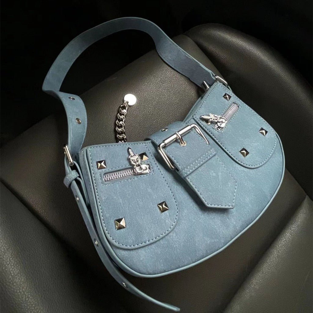 Y2G Punk Studded Shoulder Bag - Niche American Retro Style Denim Blue